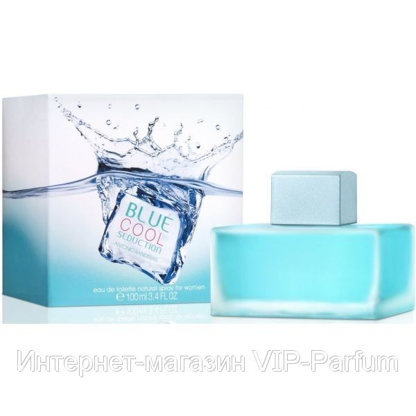 Antonio Banderas "Blue Cool Seduction" for women" 100ml     Яркий свежий аромат дарит прахладу жарким днем. Аромат начинается верхней нотой из лимона и мяты с аккордами воды и льда. Сердечная нота представлена черным перцем и геранью. Базовая нота построена из кедрового дерева и мха. Blue Cool Seduction подобен ледяным каплям, которые касаются горячей кожи в знойный полдень. Они оставляют непередаваемое ощущение свежести и прохлады. Флакон Blue Seduction превратился в ледяной куб. Всплеск воды от упавшего кубика льда оборачивается взрывом энергии и свежести.