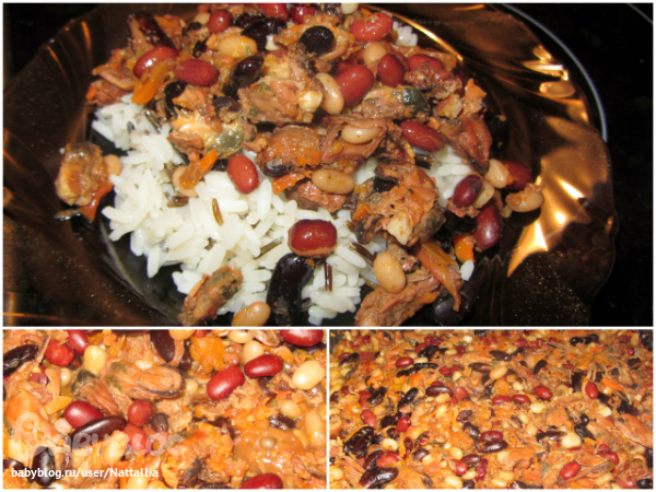 Мидии с фасолью, томатами и рисом